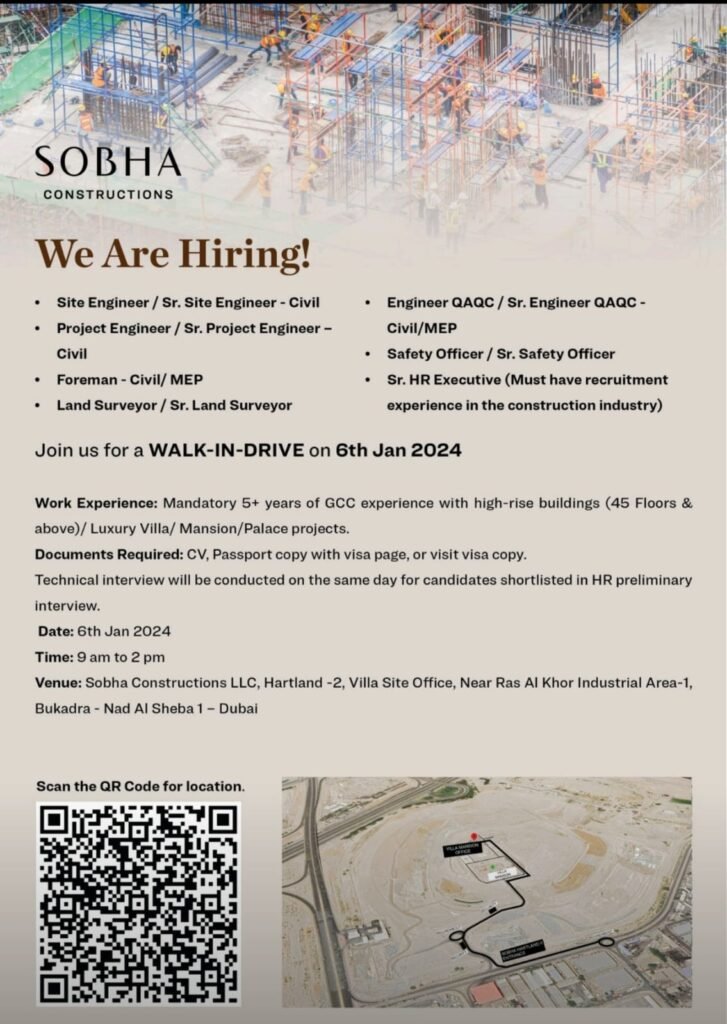 Sobha Constructions career 2023 - walk in interview