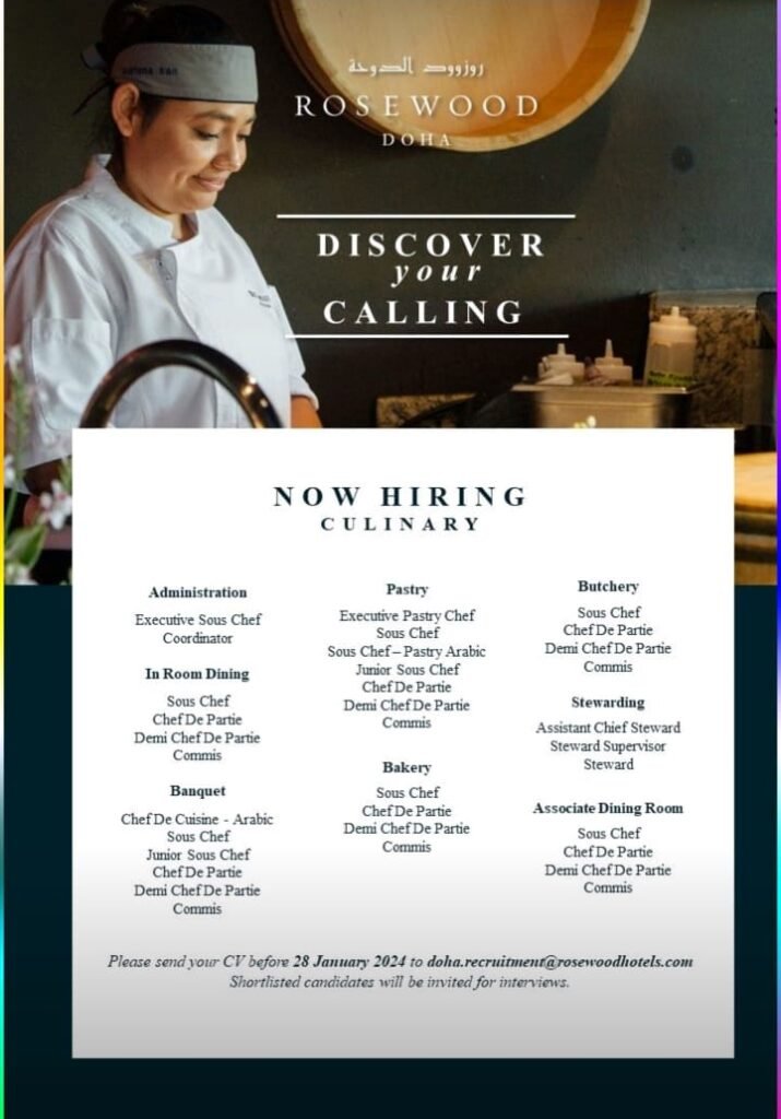 Rose Wood Doha Career 2024 - New Vacancies Announced