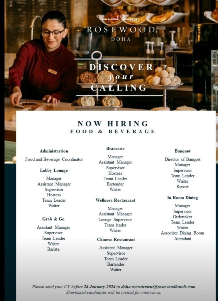 Rose Wood Doha Career 2024 - New Vacancies Announced