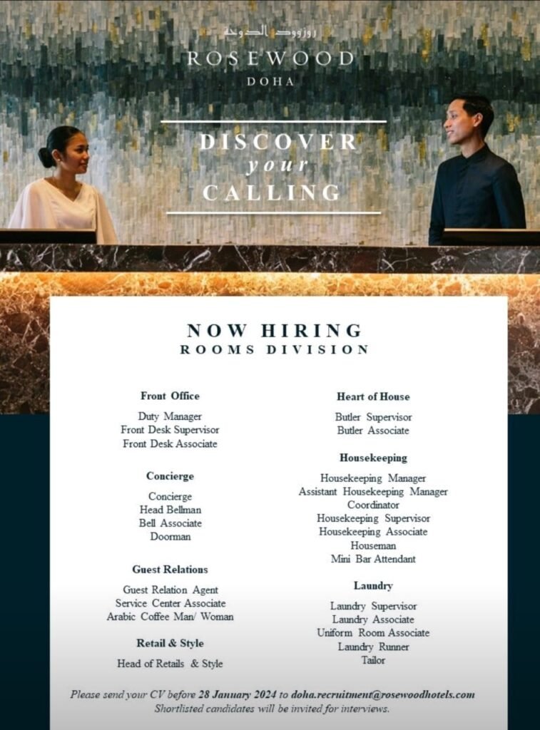 Rose Wood Doha Career 2024 - New Vacancies Announced