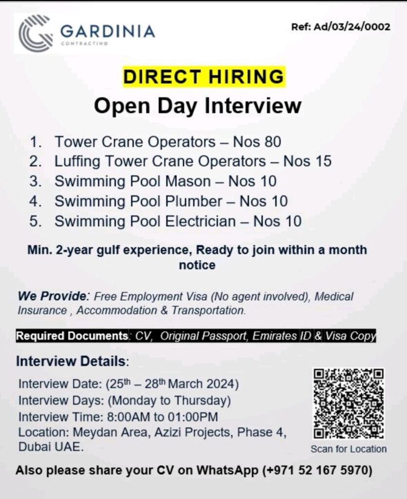 Gardinia Contracting Careers in UAE | Walk in interview 2024